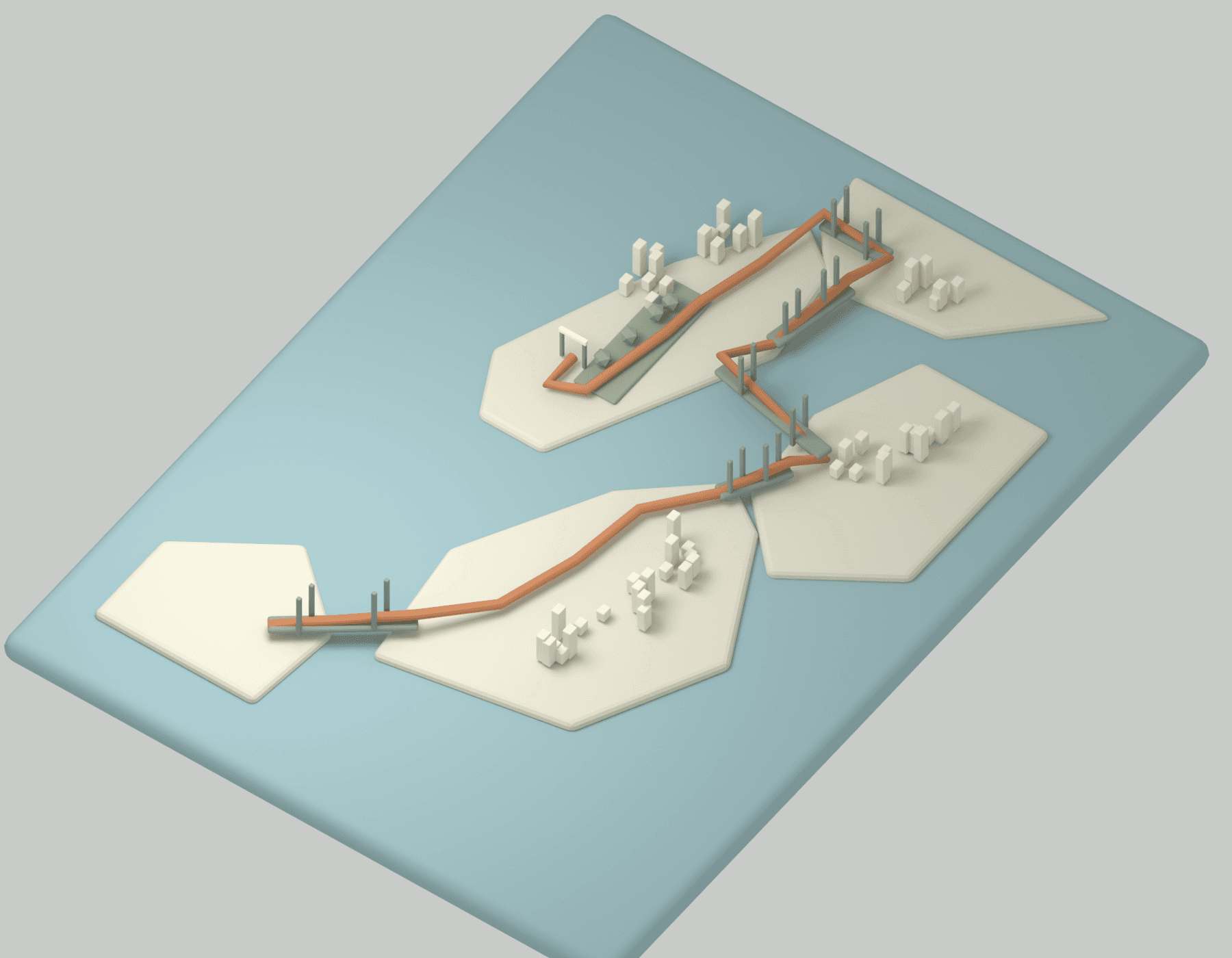 Schematic Blender city: five boroughs connected by the marathon route.